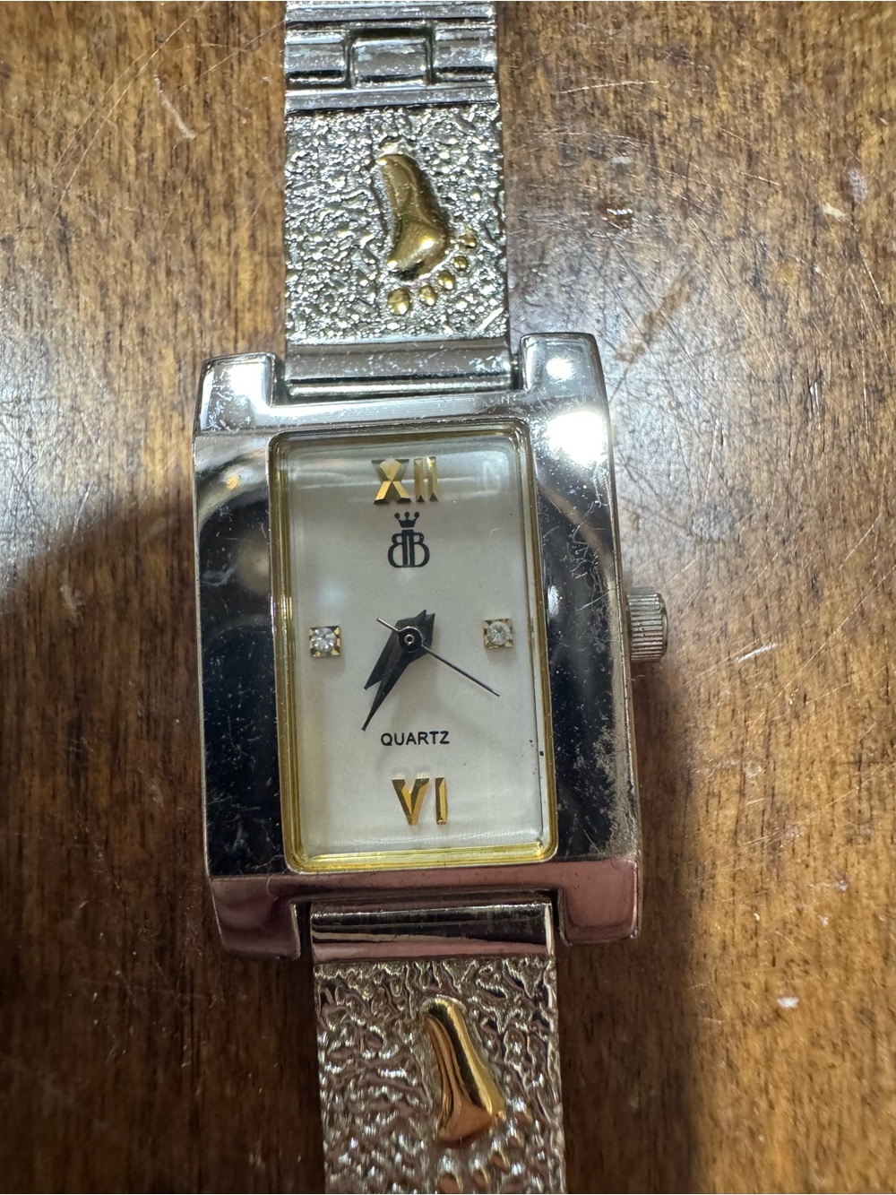 Two-Tone Silver and Gold Women's Rectangle Quartz Bracelet Watch “footprints”